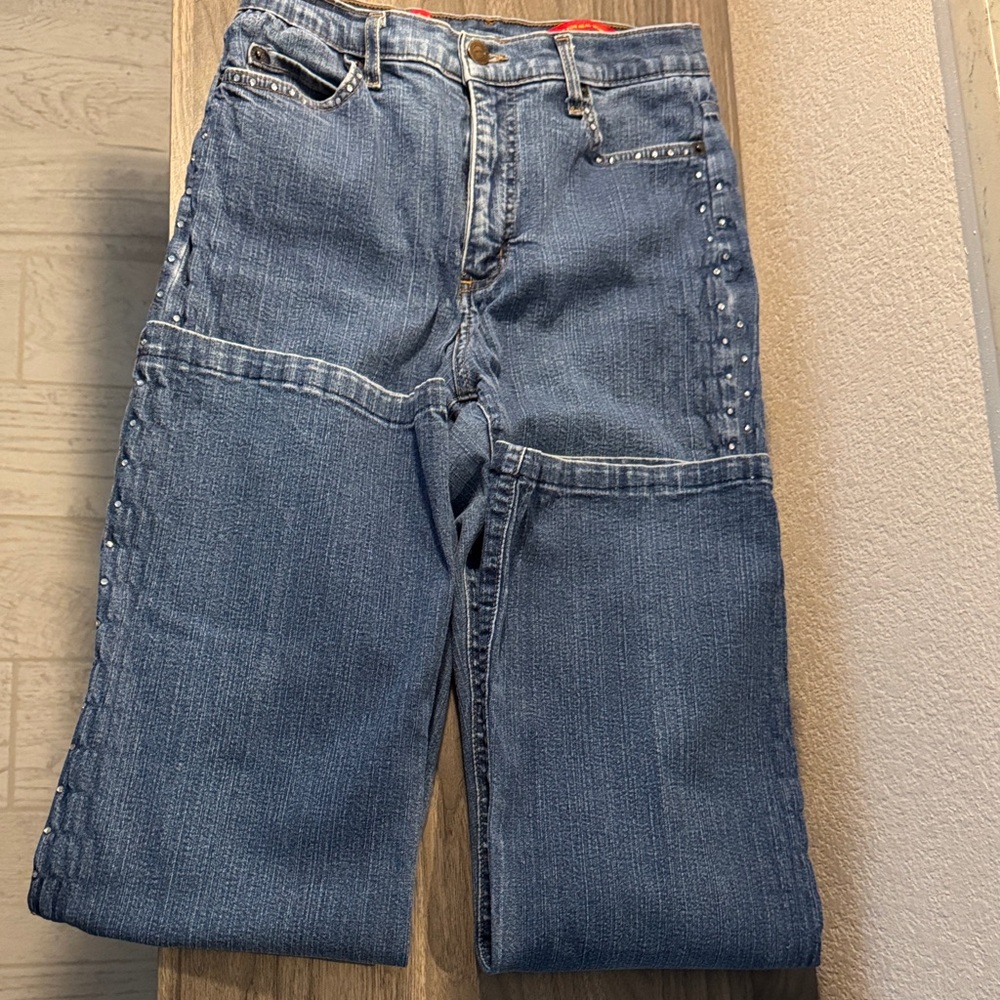 NYDJ Women's Blue Wide-Leg Tummy Tuck Jeans with rhinestone Accents, size 26/27